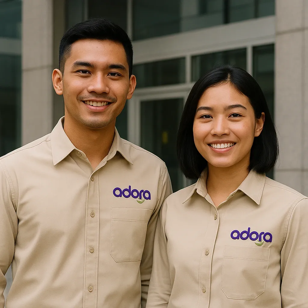 seragam kerja PDH warna cream dengan logo bordir di dada kiri