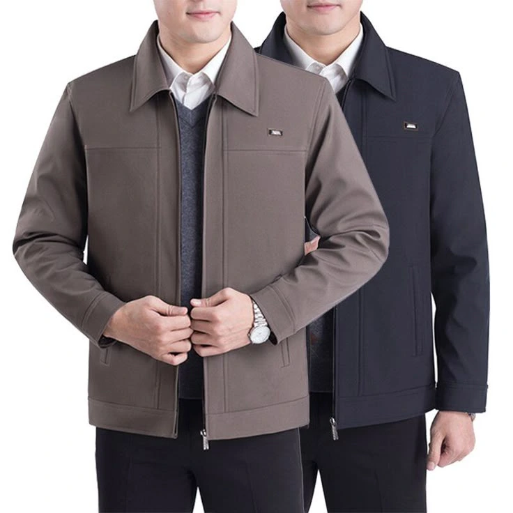 Jaket berbahan drill warna cream, cocok untuk seragam kerja atau jaket komunitas dengan tampilan formal dan rapi